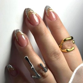 Press on Nails Almond Short Length Artificial Acrylic Fake Nails French Glitter with Metallic Stripes Unique Glossy Stick on Nail Full Cover Reusable Coffin False for Women 24Pcs