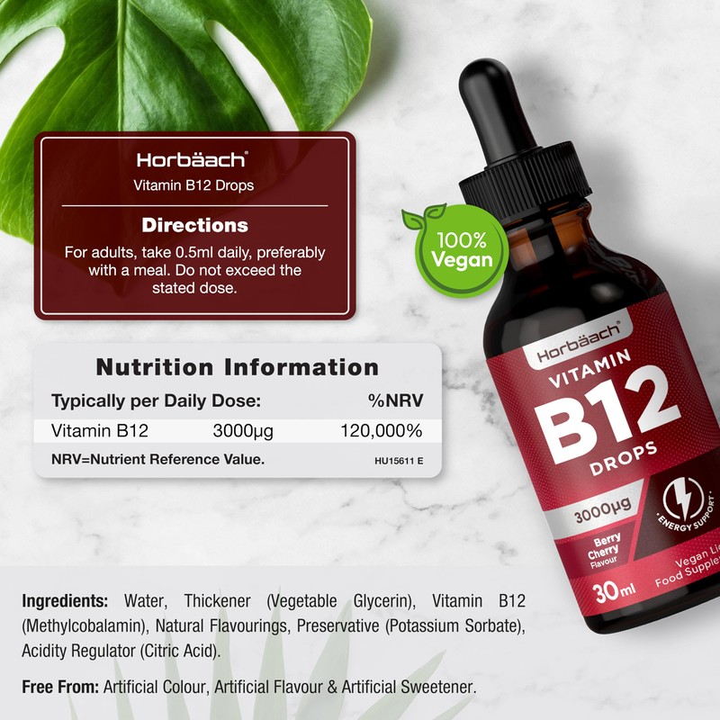 Horbäach Vitamin B12 Drops High Strength 3000mcg | 30ml |