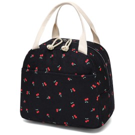 Corduroy Lunch Box for Women Girls, Lunch Tote Bags Reusable Insulated Cooler Lunchbag Large Capacity Lunchbox for Work Travel Picnic (Cherry Black)