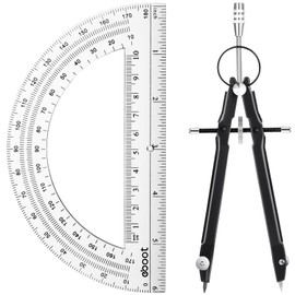 EBOOT Student Geometry Math Set, Metal Drawing Compass and 6 Inch Clear Swing Arm Protractors 180 Degree Math Protractor(Black)