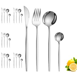 KKSMETIS Juego de Cubiertos,24 Piezas Cubiertos,Cuchillo,Tenedor,Cuchara,Cubiertos de Acero Inoxidable para Cocina, Restaurante,Aptos para Lavavajillas(Plata)