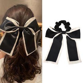 Black Hair Bows for Women Bowknot Hair Tie for Thick Hair Scrunchies for Girls Hair Ribbon Elastic Scrunchie Bow Hair Ties for Kids Cute Hair Accessories for Teens Satin Hair Bow Tie for Women