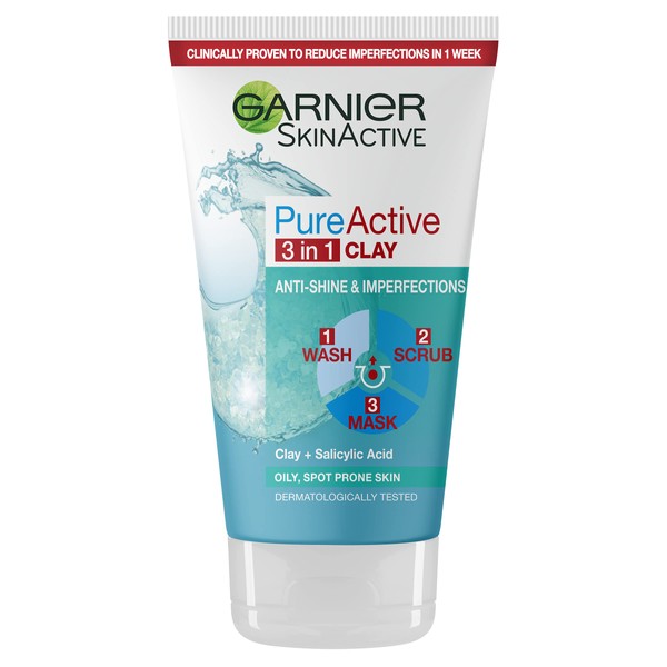 Garnier Pure Active 3in1 Clay Mask-Wash-Scrub 150ml, With Clay, Eucalyptus & Salicylic Acid, Face Cleanser For Oily Skin - Unclogs Pores, Reduces Blemishes and Fights Shine, Dermatologically Tested