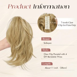 Sofeiyan Claw Clip Short Ponytail Extension DIY Bendable Wires Hair Hun Fluffy Fake Hair Piece Straight Synthetic Hair Ponytail Extensions for Wonen - Honey Blonde/Platinum Blonde