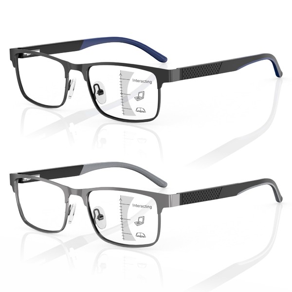 Amorays 2 Pack Gleitsichtbrille Progressive Multifokus Lesebrille Herren Metall Anti-Blaulicht