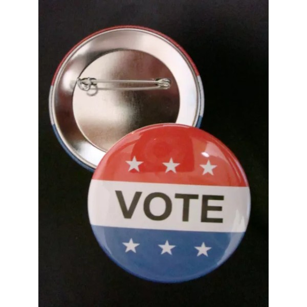 VOTE BUTTON Badge 2-1/4" RED, WHITE & BLUE Election Campaign