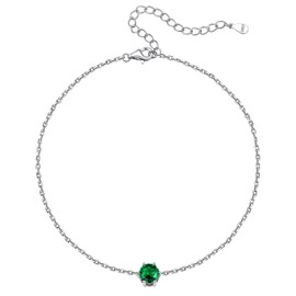 ChicSilver 925 Sterling Silver Anklets for Women, Simple Dainty 6mm Round Cut Synthetic Green Emerald May Birthstone Ankle Bracelet Beach Foot Jewelry