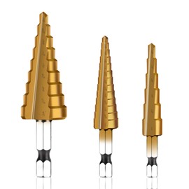 Step Drill Bit Set, 3 Pieces Titanium Coated High Speed Steel Unibit Cone Drill Bit Kit for Plastic, Wood, Metal Sheet, Aluminum Hole Drilling HSS Stepped Driil Bit (Metric 4-12mm/4-20mm/4-32mm)