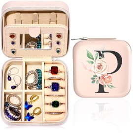 SoleKing Small Travel Jewelry Case - Initial Jewelry Box Jewelry Organizer Travel Jewelry Box Mini Jewelry Travel Case Christmas Gifts Birthday Gifts for Teen Girl Women Mom Sister Friends Bestie (P)
