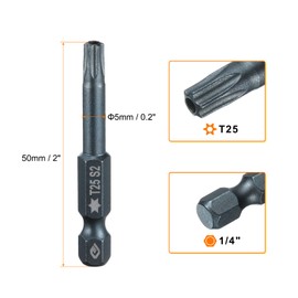 sourcing map T25 Torx Screwdriver Bit 1/4" Hex Shank 2" Long S2 Steel Magnetic 6 Point Screw Driver Bits Industrial Grade Tamper Proof Star Drill Bits with Hole Torx Head
