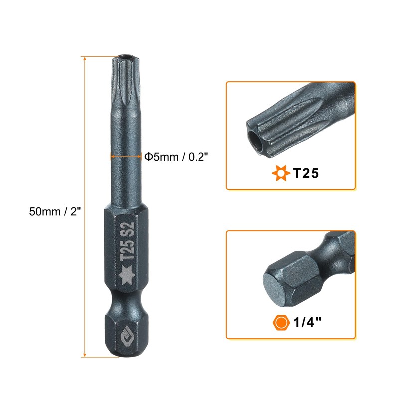 sourcing map T25 Torx Screwdriver Bit 1/4" Hex Shank 2"