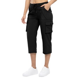 TBMPOY Womens Cargo Capris Hiking Lightweight Pants 6 Pockets Quick Dry Casual Outdoor Trip Loose Shorts Cropped Cotton Black S