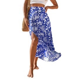 CUPSHE Women's Skirt Floral Print Maxi Skirt High Waist Side Slit A-line Summer Elegant Beach Skirt with Zip, blue, L