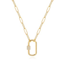 CANEVINKA 18K Gold Paperclip Chain Necklace Fashion CZ Pave Oval Screw Lock Carabiner Clasp Pendant Necklace Geometric Link Chain Layering Jewelry for Women