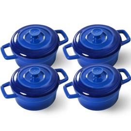 Lareina Mini Cocotte - 12oz Ceramic Casserole Dishes - Kitchen Casserole Sets With Handles And Lid - Small Baking Ramekins - Oven, Microwave & Dishwasher Safe - Set of 4 - Blue
