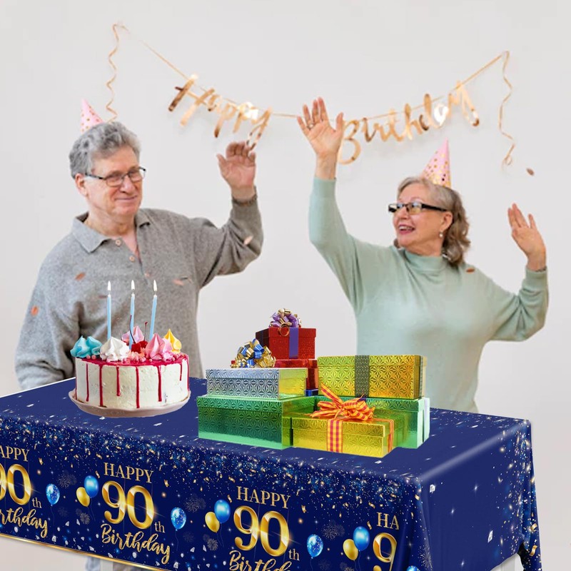 GREHUMOR 90th Birthday Decorations Men-3pcs Navy Blue Birthday Table Covers