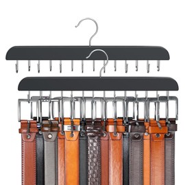 2-Pack Sturdy Wooden Belt & Tie Organizer with 14 Hooks, 360° Rotating Rack Holds 60 Belts/Ties, Space Saving for Closet Storage, Bras, Scarves, Tank Tops & More (Black)