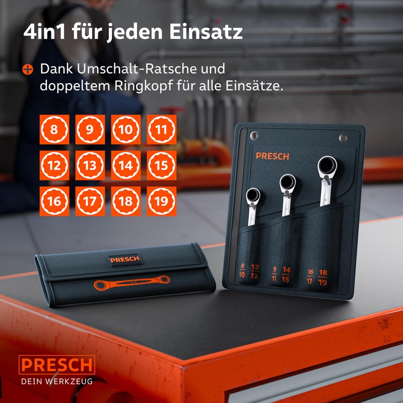 PRESCH Double Ratchet Wrench Set 3 Pieces (8-19 mm) with