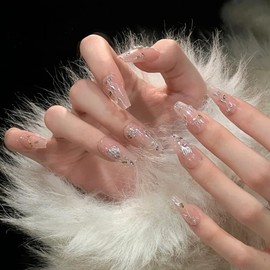 Pure Handmade Nails Press on Nail Reusable Fake Nails Golden RhineStones Bling Bling Medium Stick on Nails French Tip False Nails 10pcs (XS, Q304 NAILS)