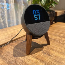 Alloery Desk Speaker Stand Compatible for Echo Spot Wooden Legs Stand Protect Mount Holder for Smart Speaker (Black Walnut)