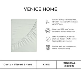 Venice Home 100% Cotton Fitted Sheet Only - Deep Pocket up to 16inch - All-Around Elastic - T-Shirt Fabric Jersey Knit - Extra Soft - Easy Fit - All Season - Comfy (Mineral Green, King)