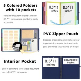 Ospelelf Bule Foldable Spiral Clipboard Folio with Storage Zipper Pouch, 5 Plastic Folders with 10 Pockets, Refillable Lined Notepad (11" x 8.5"), Linen Hardcover Project Organizer