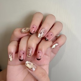 KQueenest Cateye French Tip Press On Nails Short Oval, Pink Leopard Print Nails Press ons, Stars Cheetah Design Full Cover Glitter Fake Nails With Glue, Cute Reusable Glue on Nails for Women 24 Pcs