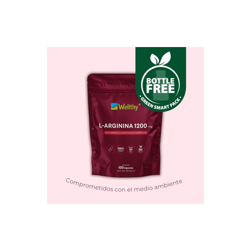 Wellthy L-Arginina 1200mg 100 Caps. 100 Pura y Natural, 50
