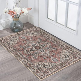 KOZYFLY Small Area Rug 2x3 Ft Rugs for Entryway Washable Boho Entry Rug Non Slip Door Mat Indoor Entrance Faux Wool Vintage Printed Kitchen Rug Throw Rugs for Entrance Kitchen, Terracotta/Beige