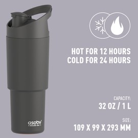 asobu Cosmic Water Bottle - 32oz/1 ltr Stainless Steel Chilled Water Bottle, Secure Grip Handle, Ideal for Travel, Fits Cup Holders, Keeps Beverages Cold, Black