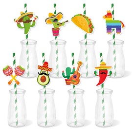 16 Pieces Mexican Fiesta Party Decor - Mexican Theme Shaped Cutouts and Paper Striped Straws for Cinco De Mayo Party Supplies, Mexican Theme Carnivals Festivals, Wedding, Birthdays Party Favors