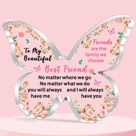 JETTOP Best Friend Gift for Women Gifts for Best Friend Female Friendship Birthday Christmas Butterfly Plaque Acrylic Friends are The Family We Choose