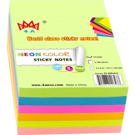 4A Sticky Notes,4 x 6 Inches,Large Size,Neon Assorted,Self-Stick Notes,100 Sheets/Pad,6 Pads/Pack,4A 406x6-N