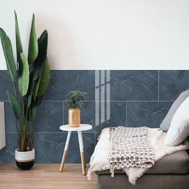 High Gloss Marble Effect Vinyl Floor Wall Tile Sticker, Sticky Back Waterproof Backsplash Self-Adhesive Peel and Stick PVC Tile Transfer, 12x24inch/30x60cm, 8Pcs Set, Grey Blue Marble