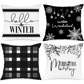 Ywlake Hello Winter Merry Christmas Throw Pillow Covers 18x18 Set of 4, Decorative Black and White 18 inch Xmas Holiday Cushion Pillow Cases Home Outside Porch Decor Decorations