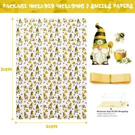 7 Sheet Bee Gift Wrapping Paper for Kids Girls Boys, Honeybee Gnome Baby Shower Birthday Gift Wrap Paper, Cute Honey Honeycomb Sunflower Gnome Art Paper Folded Flat for Spring Summer Holiday Christmas