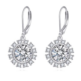 POPLYKE Flower Moissanite Dangle Earrings Sterling Silver 2.0ct D Color Brilliant Lab Created Diamond Leverback Earrings for Women, Sterling Silver, Moissanite