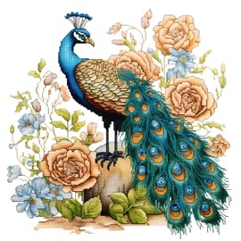 Xinpinzhou 11ct Cross Stitch Kits, 11 CT Funny Pre Printed Counted Stamped Cross Stitch Embroidery Needlepoint Needlework Patterns Kits for Beginners Adults Crossstitch Peacock and Flowers 36x36 CM
