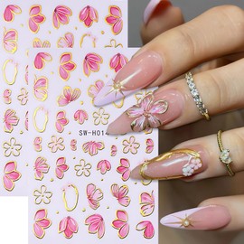 Flowers Nail Art Stickers Valentines Floral Nail Decals Stickers Cherry Blossom Nail Design Valentine's Day Flowers Nail Stickers for Nail Art Decoration Winter Spring Manicure Art Accessories 4Pcs