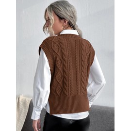 Jumppmile Womens V Neck Sweater Vest Cable Knit Solid Sleeveless Pullover Crop Sweater Vest S Coffee