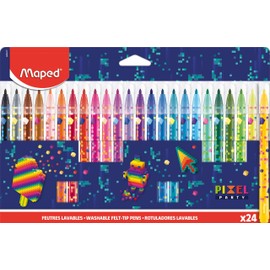 Maped - 24 Pixel Party Felt-Tip Pens - Coloured Felt Tip for Children Drawing - Washable Felt Tip with Medium Blocked Tip