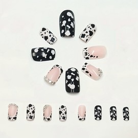 24 Pcs French Tip Press on Nails Short Square Shaped Fake Nails with Cow Print and Rhinestones Design Pink Glossy Leopard Acrylic Nails Full Cover Stick on Nail for Women Nail Manicure Decoration
