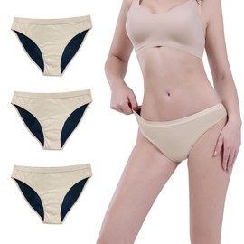 AIRCUTE Washable Absorbent Urinary Incontinence Underwear for Women Girl Bikini Leakproof Panty for Leakage Flow 25ml, 3 Pack (Large, Beige)