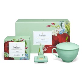 Tea Forte Fleur 3-Piece Premium Tea Gift Set with Pale Mint Green Cafe Cup with Lid, Tea Tray and 10 Assorted 2 of Each Variety Organic Handcrafted Pyramid Infuser Tea Bags