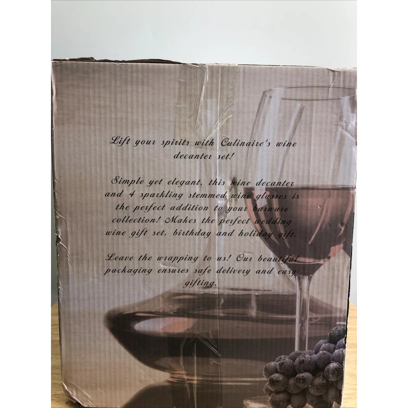 Culinare Five Piece Wine Decanter- 4 Stemmed Wine Glasses- new-drink