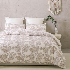 meadow park Cotton Clipped Jacquard Duvet Cover Set Twin, 2 Pieces Jacobean Floral Bedding Set (Taupe, Twin)