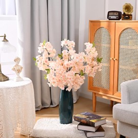 Sunm Boutique Champagne Faux Cherry Blossom Branches, Artificial Cherry Blossom Stems Cherry Blossom Flowers Vase Arrangements for Wedding Home Party Kitchen Decor, Set of 3