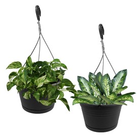J3A Collections 10in Euro Hanging Planter for Outdoor Plants 2 Pieces 10inch Hanging Planter with (2) 40cm Hooks, Self Watering Indoor Outdoor Hanging Pots with Drainage Holes and Removable Drip Tray