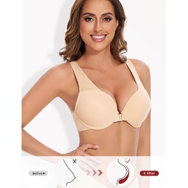 Amafuur Women's Push Up Racerback Front Closure Bras Seamless Plunge Padded Underwire Add 2 Cup Sizes Bra Nude 38C