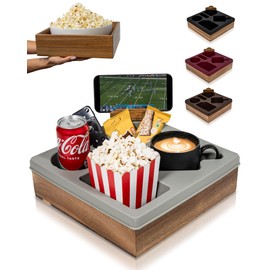 Couch Cup Holder Tray - Couch Caddy with Cup Holder - Sofa Organizer w/Phone Stand - Waterproof, Anti-Spill Sofa Organizer Caddy for Snacks, Remotes & Drinks – Bed & Car Seat Storage (Gray)